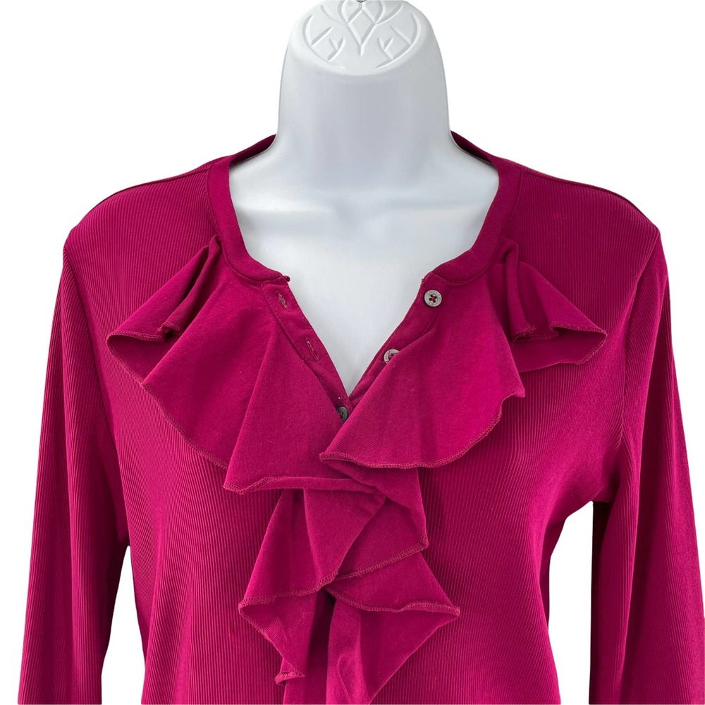 LAUREN RALPH LAUREN Burgundy Ruffled V-Neck Long Sleeve Rib Knit Top S